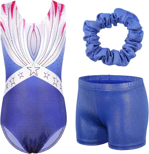 Vista 5 de BAOHULU Leotardos de gimnasia para niñas con purpurina y pantalones cortos a juego