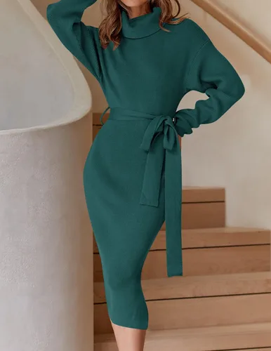 Vista 36 de ZESICA - Vestido por debajo de la rodilla de suéter, de cuello alto, para mujer, de manga larga, de punto acanalado, con abertura y cinturón