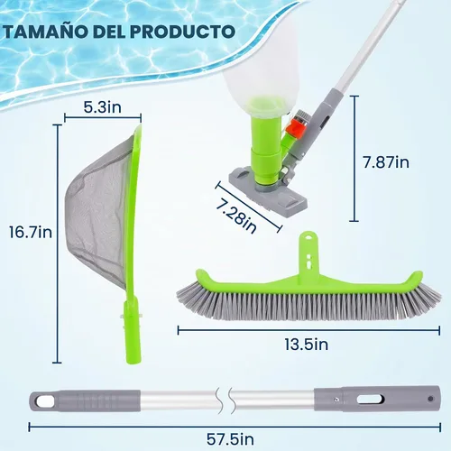 Vista 6 de Sepetrel Kit de limpieza de piscina de lujo con aspiradora de chorro, cepillo, red de skimmer semi-profunda y poste ajustable de 57.5 pulgadas