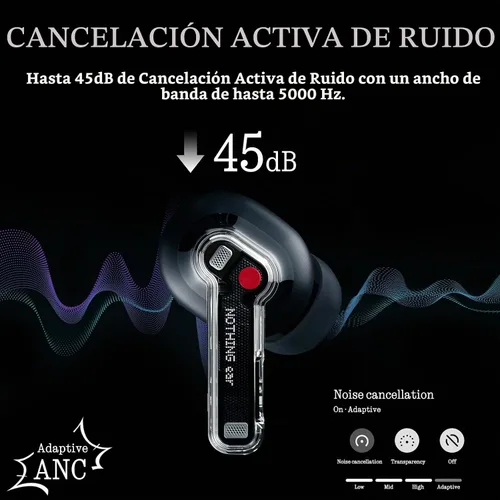 Vista 7 de Nothing Auriculares inalámbricos Bluetooth, auriculares híbridos ANC inteligentes de 45 dB, aumento de graves profundos de 0.433 in, audio de alta