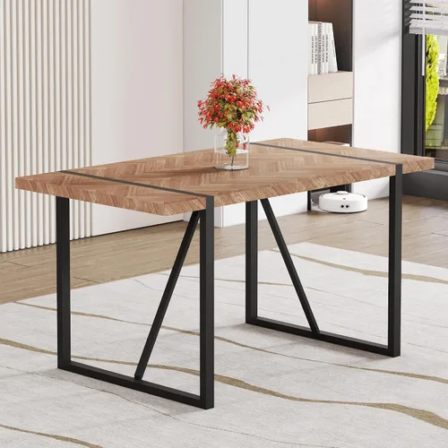Vista 3 de Una mesa de comedor rectangular retro minimalista con una parte superior especialmente texturizada y patas de metal negro. Mesa de madera