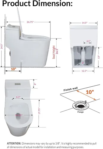 Vista 5 de WinZo WZ5080S - Inodoro de una pieza de doble descarga con altura cómoda alargada de 10 pulgadas, color blanco