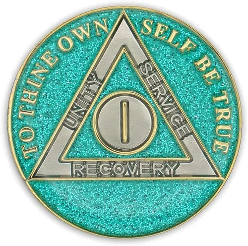 Vista 2 de Moneda de sobriedad de 1 año Ficha de aniversario de recuperación de chip AA con purpurina (aguamarina) Glitter Sparkle Alcoholics Anonymous 24k