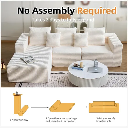 Vista 6 de Sofá modular de pana moderno con diván, tela acanalada negra, sofá de sala de estar en forma de L (beige, sillón orientado a la izquierda)