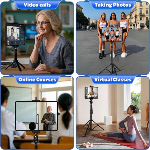 Vista 7 de Adaptador de montaje de trípode para iPad con cabeza esférica, soporte universal de abrazadera giratoria 360 con control remoto Bluetooth para iPad