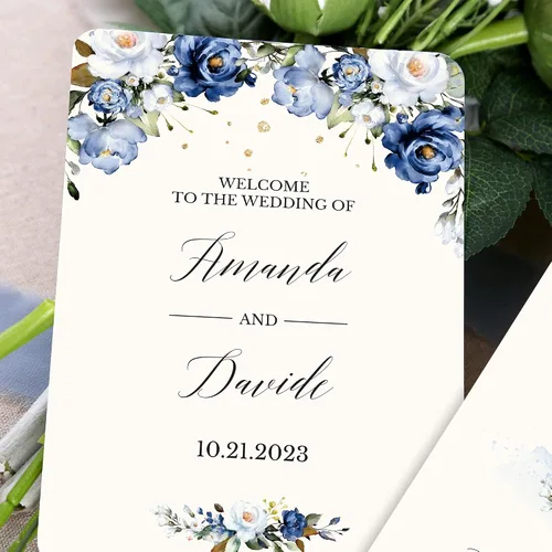 Vista 4 de DORIS HOME Abanico de Programa de Bodas Azules Personalizado, 50 Uds., 5 pulgadas de ancho x 7 pulgadas de alto, lazos de cinta azul con perlas 5