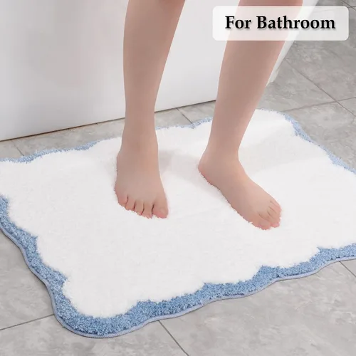 Vista 3 de Bonitos tapetes de baño festoneados, antideslizantes, lavables a máquina, suaves, para ducha, bañera, cocina, 24 x 17 pulgadas, color azul