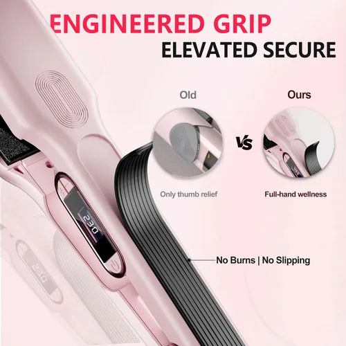 Vista 4 de Plancha de cerámica con placa flotante 3D, plancha de pelo con 15 temperaturas para cabello grueso, mango ergonómico de silicona, pantalla LCD, Rosa
