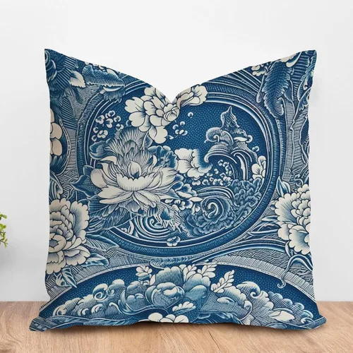 Vista 25 de ArogGeld Funda de cojín azul índigo floral y pájaro azul marino chinoiserie chinoiserie peonía cuadrada almohada tradicional china china europea