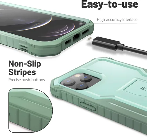 Vista 2 de ExoGuard Compatible con iPhone 12 Pro Max, funda de goma a prueba de golpes de cuerpo completo, protector de pantalla integrado con soporte