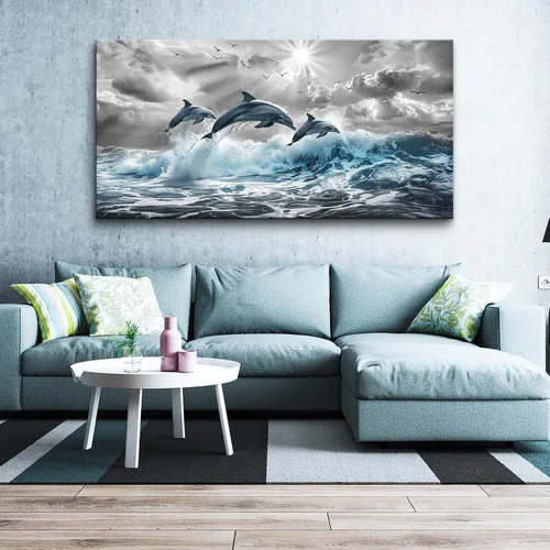 Vista 3 de Lapremoly Decoración de pared grande para sala de estar, arte de pared para dormitorio, ilustraciones de olas azules del mar, obras de arte