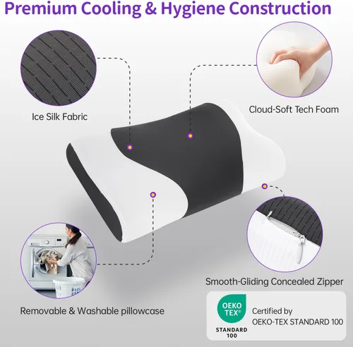 Vista 5 de Almohada de espuma viscoelástica para dormir de espalda, soporte ergonómico similar a una nube, almohada refrescante con funda de satén de seda