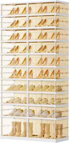 Vista 8 de EHAMILY 3 niveles, 6-12 pares de cajas de zapatos plegables, estante grande de plástico para almacenamiento de zapatos, organizador de zapatos