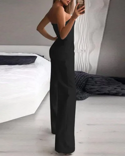 Vista 4 de ZSDVBZS Overol sexy para mujer, con hombros descubiertos, casual, sin tirantes, pantalones de pierna ancha, elegante, cuello en V, trajes de una
