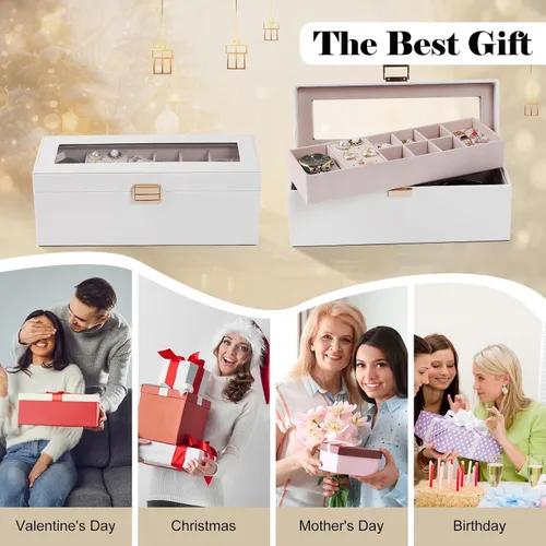Vista 6 de Dajasan Cajas de joyería para mujeres y niñas, caja organizadora de joyas, caja organizadora de joyas de 2 capas con tapa transparente, organizador