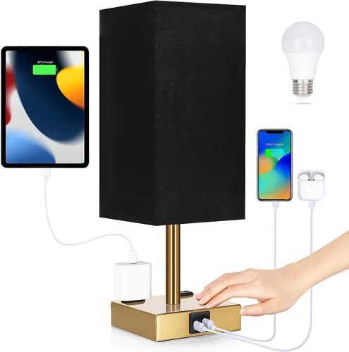 Vista 14 de Lámpara de noche con puertos USB - Lámpara de mesa de control táctil para dormitorio con puertos de carga USB C + A y salidas de AC, lámpara