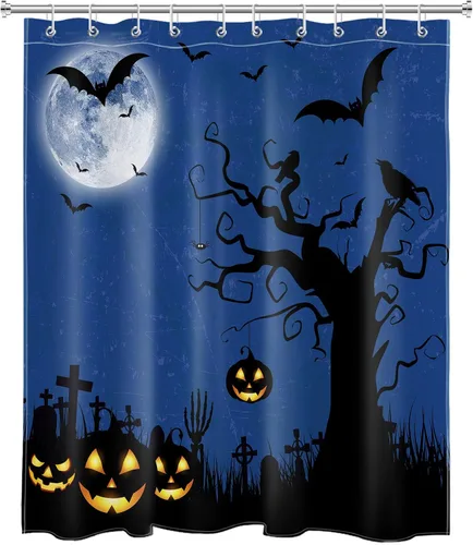 Vista 2 de EOBTAIN Cortina de ducha de cielo nocturno azul de Halloween para baño, espeluznante calabaza y murciélago en árbol muerto en cementerio aterrador