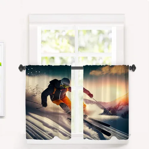 Vista 68 de Cortinas geométricas de cocina para ventanas, color negro, blanco, turquesa, cenefas opacas de poliéster multicapa para cocina, paquete de 2