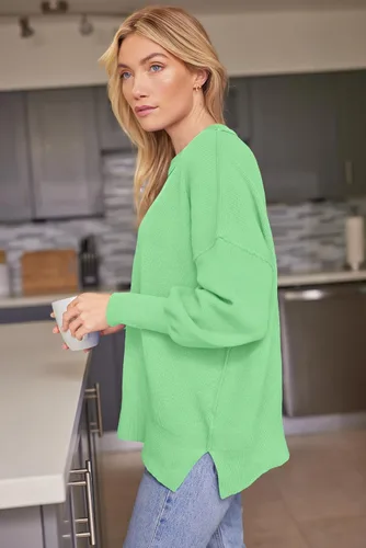 Vista 181 de Lillusory - Suéter extragrande con mangas de murciélago y cuello redondo para mujer, prenda moderna de otoño de tejido de punto sin botones
