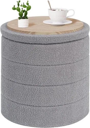 Vista 12 de PINPLUS Otomana de Almacenamiento Redonda Reposapiés Taburete con Bandeja de Terciopelo Sherpa Otomana de Almacenamiento Plegable, Reposapiés Boucle