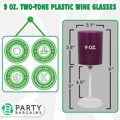 Vista 2 de PARTY BARGAINS Copas de vino de plástico de dos tonos de 9 onzas, morado y transparente, paquete de 5
