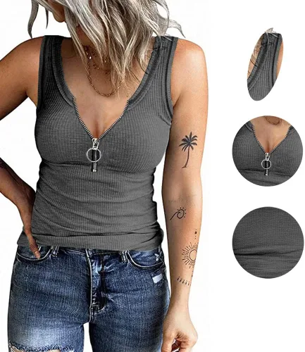 Vista 3 de Women's Henley Sleeveless Tank Tops Front Zipper Ribbed V Neck T Shirt Summer Slim Fit Tops Knit Shirts