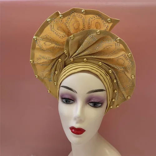 Vista 2 de Diademas africanas de lujo de Aso Oke Headtie ya hecho con diadema para mujer, turbante envolvente para la cabeza, cabeza de gel, pañuelo