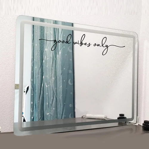 Vista 4 de Calcomanía de espejo "Good Vibes Only" – Adhesivo de vinilo negro con cita motivacional, arte de pared de afirmación positiva para baño, dormitorio
