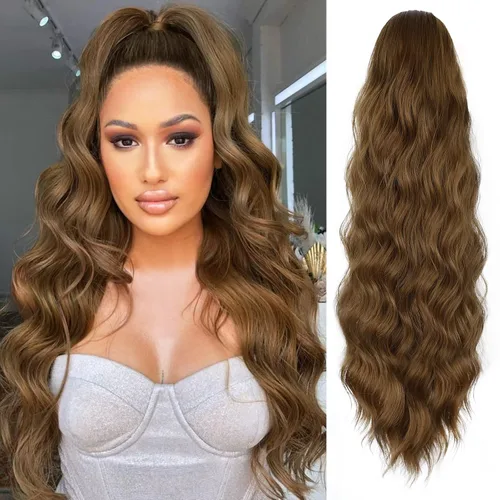 Vista 9 de FREEMEIGE Extensión de Cola de Caballo de 22 Pulgadas Negro Mezclado con Burdeos Larga Ondulada con Cordón Extensión de Cola de Caballo para Mujeres