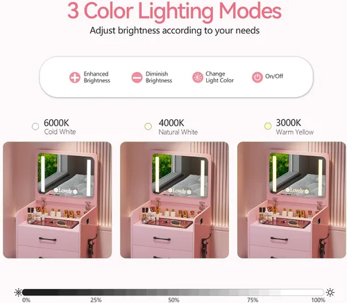 Vista 4 de HNEBC - Escritorio de tocador 3 en 1 con espejo LED con tapa abatible para dormitorio, color rosa