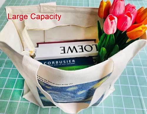 Vista 4 de Bolsa de lona estética con cremallera bolsillo interior para mujer, para ir de compras