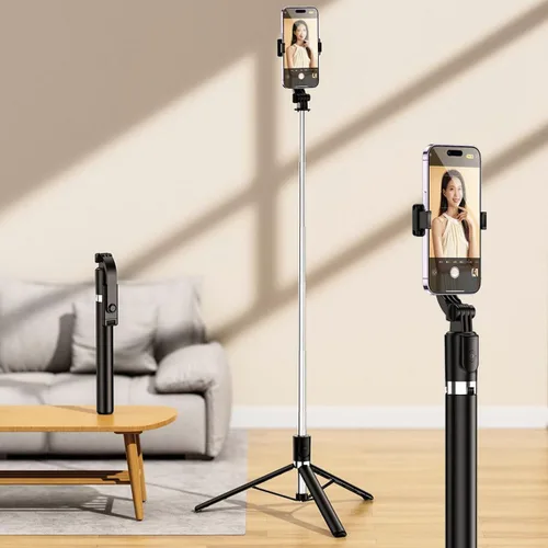 Vista 2 de Trípode de teléfono de 67 pulgadas y selfie stick trípode de viaje para selfies de iPhone, con soporte para teléfono, rotación de 360°, palo selfie