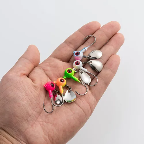 Vista 9 de Dr.Fish 10 Pack Cabezas de Jig Underspin Señuelos de Natación de Agua Dulce Bola Jig Anzuelos de Pesca de Lubina y Lucioperca Hoja de Colorado