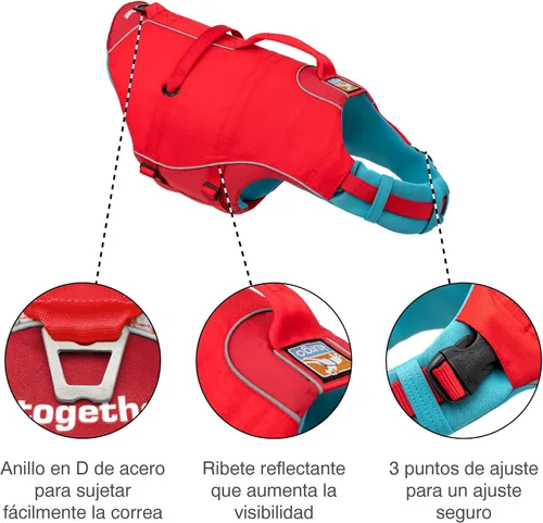 Vista 3 de Kurgo Surf n' Turf - Chaleco salvavidas, rojo chile, talla S