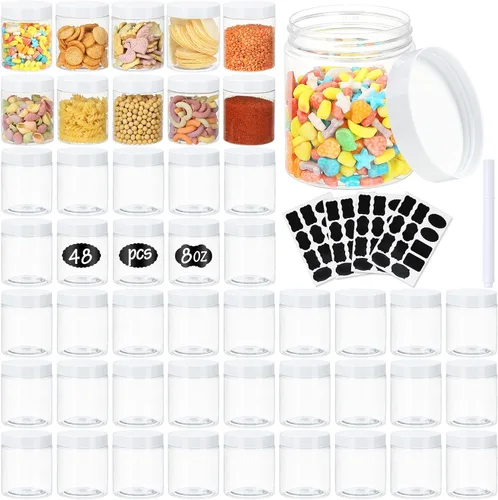 Vista 8 de Frascos con Tapas, 48 piezas Recipientes de Plástico de 8 oz con Tapas Etiquetas de Pluma A Prueba de Fugas Sin BPA Herméticos Rellenables