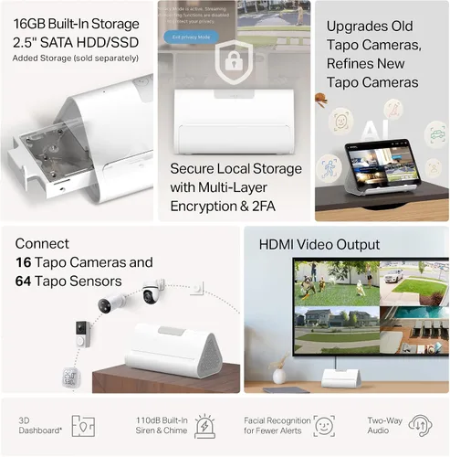 Vista 3 de Tapo Concentrador central de hogar inteligente para dispositivos inteligentes: conecta hasta 16 nuestras cámaras y 64 sensores Sub-G, almacenamiento