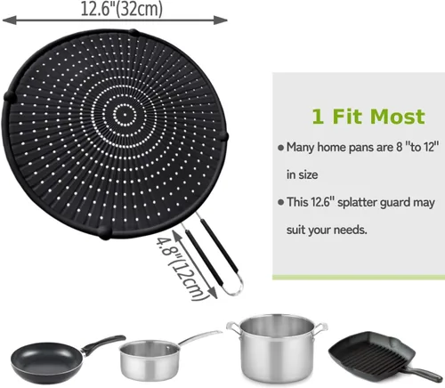 Vista 2 de Pantalla de silicona contra salpicaduras para sartén, protector contra salpicaduras de grasa para sartén, protector de salpicaduras de aceite Negro