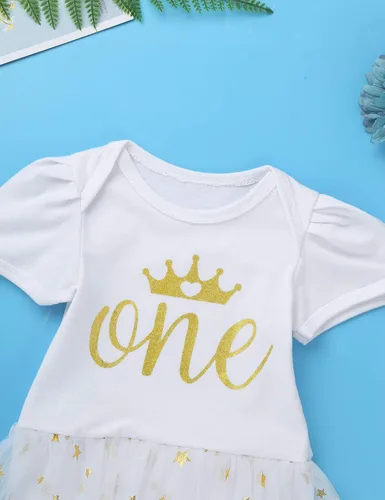 Vista 4 de iEFiEL Conjunto de mameluco para el primer cumpleaños para niñas con falda tutú y diadema, disfraz de princesa