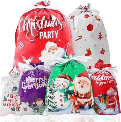 Vista 9 de Bolsas de regalo de Navidad con cordón, 20 bolsas de Navidad de varios tamaños para regalos, bolsas de plástico a granel, bolsas de regalo