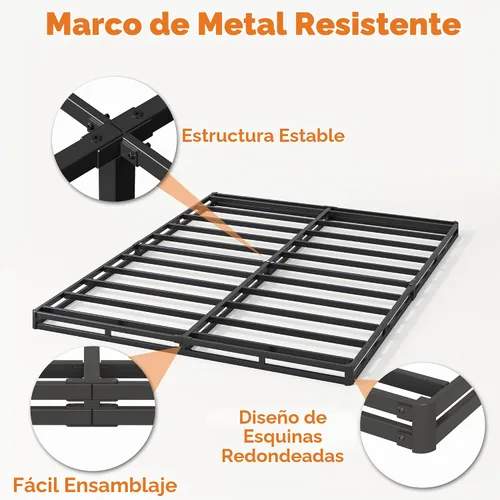Vista 8 de Base de cama resistente de 2 pulgadas con cubierta de tela Base de colchón de metal, solo somier de perfil bajo, sin ruido, fácil montaje, soporte