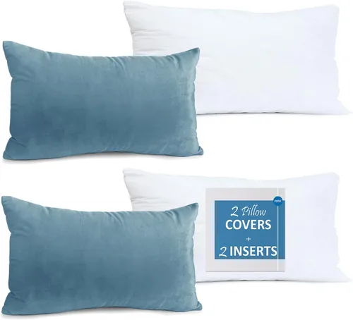 Vista 22 de Nestl Juego de 2 rellenos de almohada con terciopelo suave y sólido, juego de fundas de almohada cuadradas decorativas para sofá, automóvil Azul