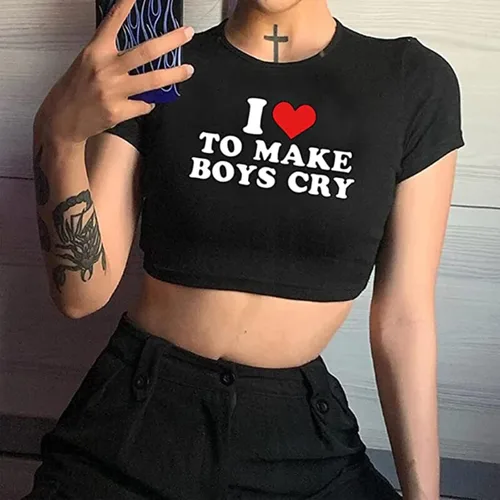 Vista 2 de Kavousa Camiseta corta con texto en inglés "I Love My Boyfriend" de manga larga Y2K, camiseta de gran tamaño para mujeres, adolescentes y niñas