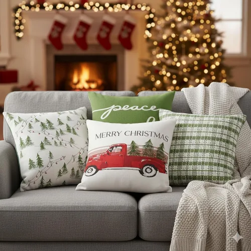 Vista 12 de Folkulture Juego de 4 fundas de almohada navideñas de 18 x 18 pulgadas, 100% algodón, para decoración del hogar, fundas de cojín decorativas o Noel