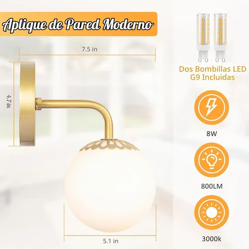 Vista 3 de Moderno juego de dos apliques de pared dorados, lámpara de pared de mediados de siglo, aplique de latón con vidrio de globo blanco, accesorios