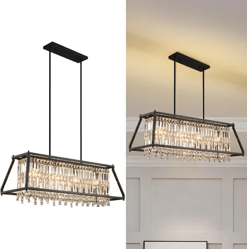 Vista 29 de LMQNINE Modernas lámparas colgantes negras para isla de cocina, lámpara de araña de cristal, iluminación colgante ajustable de granja para comedor