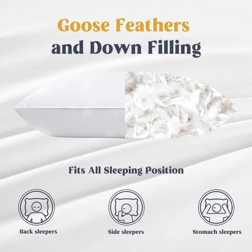 Vista 3 de puredown® - Juego de 2 almohadas de plumas y plumón de ganso blancas con funda de 100% algodón suave, almohadas de colección de hotel para cama
