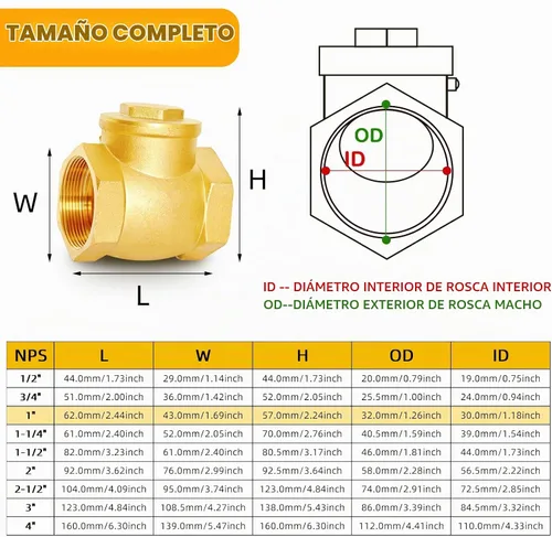 Vista 6 de Válvula de retención horizontal de 1" NPT, latón, rosca hembra resistente