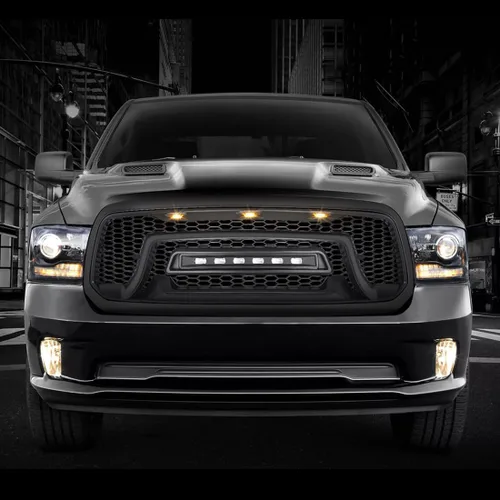 Vista 7 de Rejilla delantera compatible con Dodge Ram 1500 2013-2018, Ram 1500 Classic 2019-2023, parrilla de parachoques negra mate con luces todoterreno