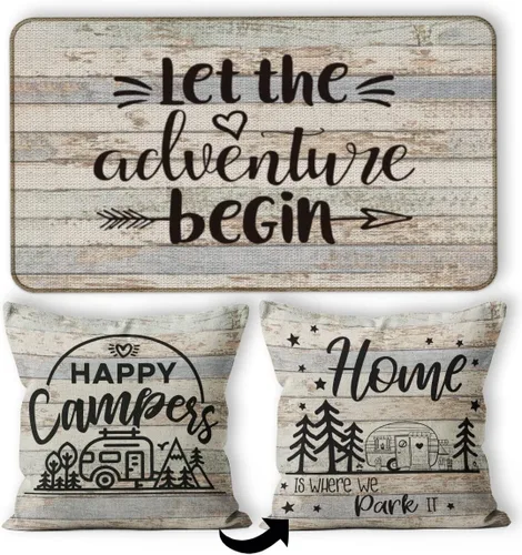 Vista 12 de Tapete para puerta de campamento, 30 x 17 pulgadas, para interiores, regalos de cámper, decoraciones de caravana, color negro, deja que la aventura