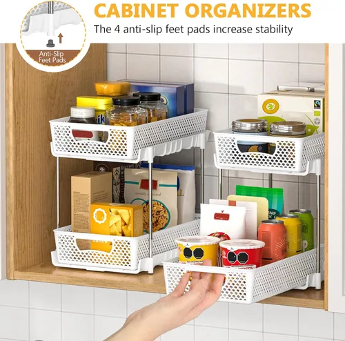 Vista 5 de DABIGE Paquete de 2 organizadores de baño extraíbles y almacenamiento, organizador de almacenamiento apilable de 2 niveles para baño, gabinete